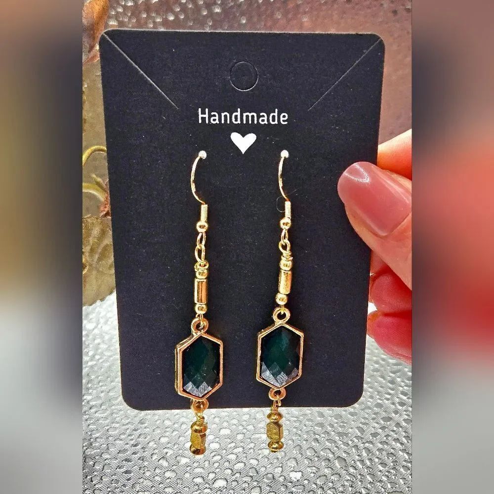 "5/$40" Handmade Emerald Green Faceted Acrylic Bead Gold Tone Dangle Earrings